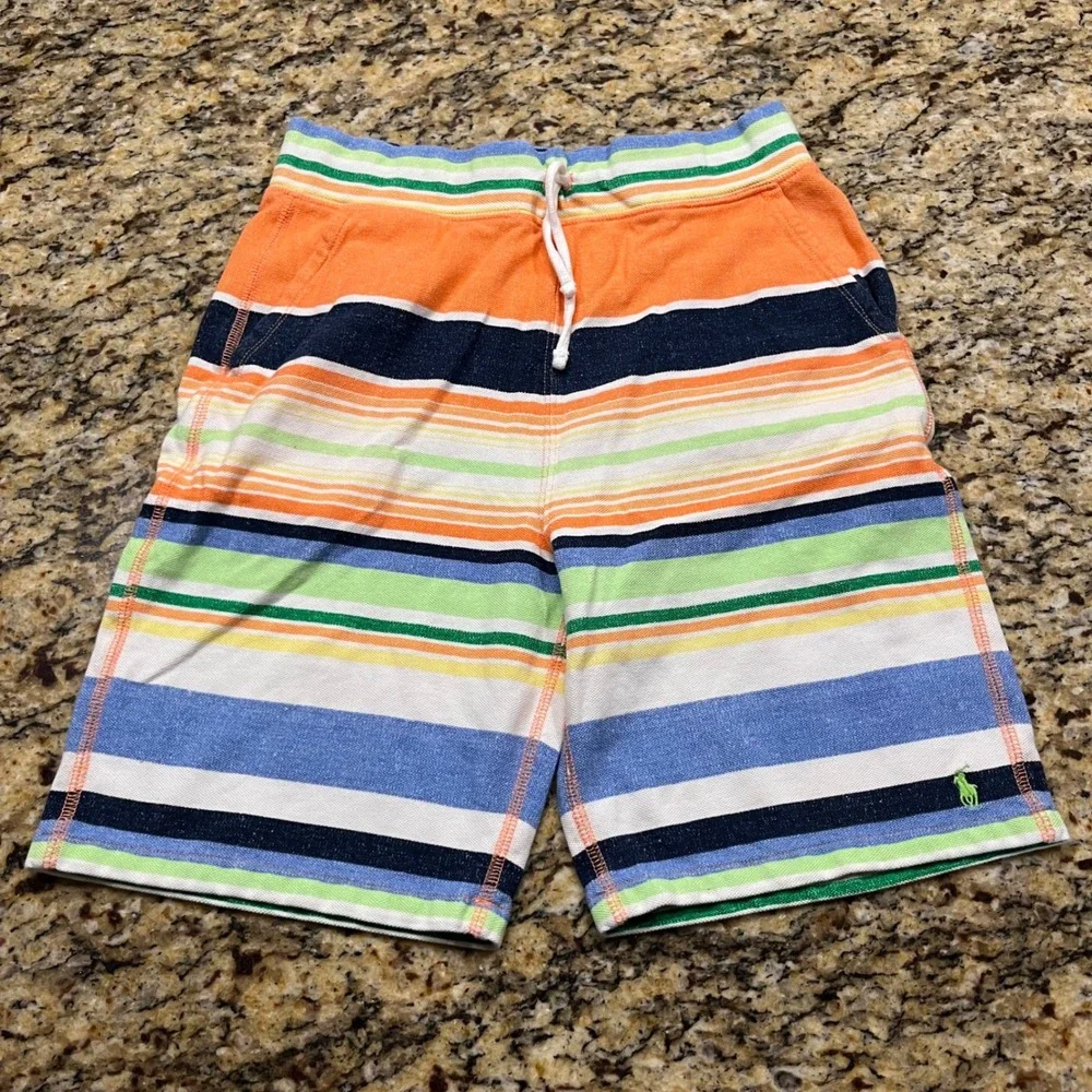 Polo Ralph Lauren Boys L Striped Knit Pique Shorts Orange Blue Green Drawstring